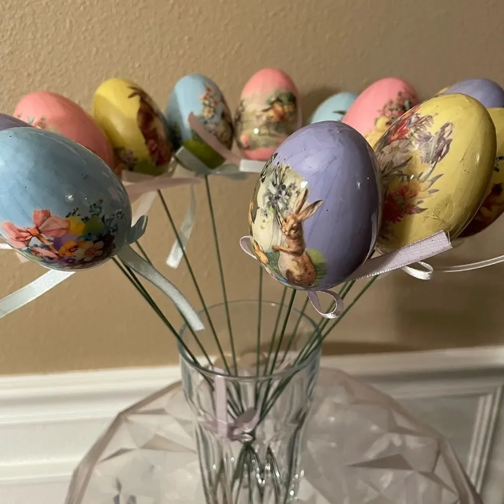 Vintage Decoupage Eggs with Vintage Easter Prints on Long Wire Picks with Ribbon
